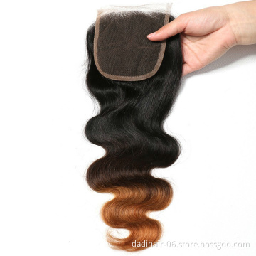 Adorable wholesale body wave straight remy indian human hair three tone 4*4 lace closure for wigs color T1b-4-27